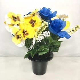 Blue Rose Yellow Pansy Grave Pot 30cm