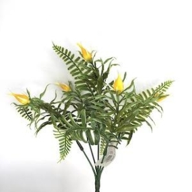 Yellow Bud And Fern Bush 25cm